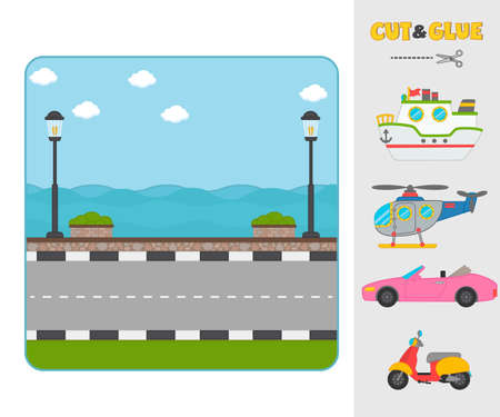 Game for kids. Cut and paste machines. Match the transport going, floating, flying. Template for printing games with puzzles. Activity for pre school years kids and toddlersのイラスト素材