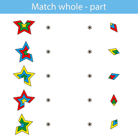 Education game for kids development of logic iq. Kids activity sheet. Find Match whole - part. Children funny riddle entertainment. vector illustrationのイラスト素材