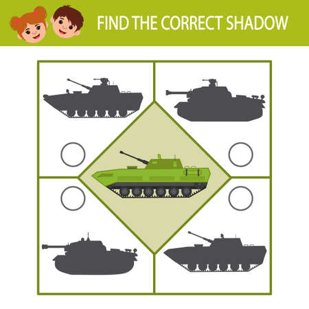 Game for kids. Find the right shadow. military equipment. Template for printing games. Activity for preschool years kids and toddlersのイラスト素材