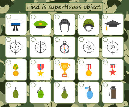 Educational game for kids. Find the difference. military awards, uniform. Activity for preschool years kids and toddlers. vector illustrationのイラスト素材
