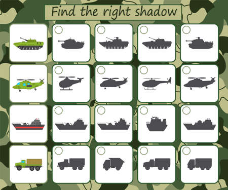 Educational game for kids. Find the right shadow. Military transport, helicopter, tank, ship. Activity for preschool years kids and toddlers. vector illustration.のイラスト素材