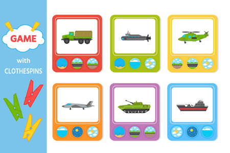 Educational game for kids with clothespins. Match the transport going, floating, flying. Military transport, helicopter, tank, ship. Activity for pre school years kids and toddlersのイラスト素材