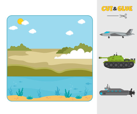 Game for kids. cut and paste. Match the transport going, floating, flying. Military transport, helicopter, tank, ship. Template for printing games with Velcro, puzzles. Activity for pre school years kids and toddlersのイラスト素材
