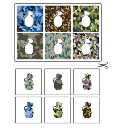 Educational game for kids. Find the right shadow. military equipment. Grenade. Activity for preschool years kids and toddlers. Contour lotto for toddlersのイラスト素材