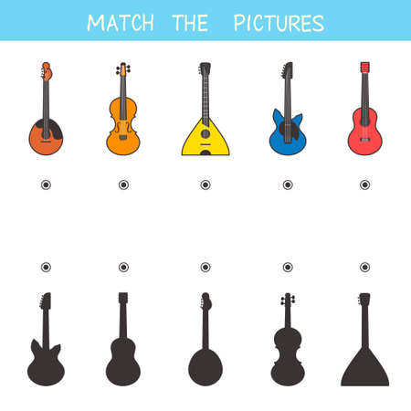 educational children game. Find the correct shadow. musical instruments. printable worksheet. vector illustrationのイラスト素材