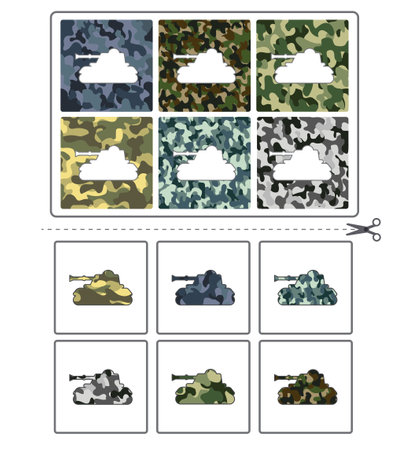Educational game for kids. Find the right shadow. military transport. Activity for preschool years kids and toddlers. Contour lotto for toddlers.のイラスト素材