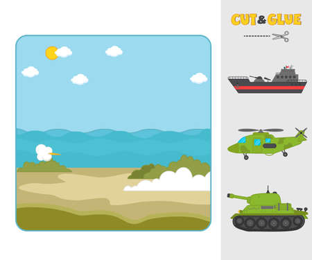 Game for kids. cut and paste. Match the transport going, floating, flying. Military transport, helicopter, tank, ship. Template for printing games with puzzles. Activity for pre school years kids and toddlersのイラスト素材