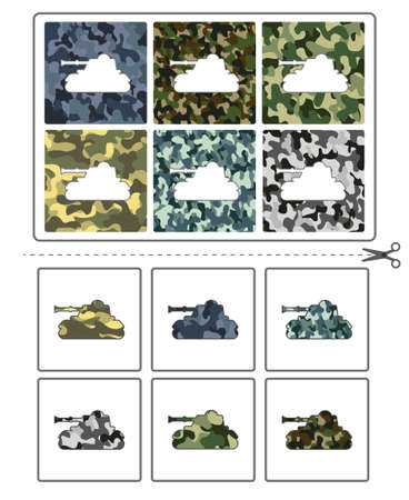 Educational game for kids. Find the right shadow. military transport. Activity for preschool years kids and toddlers. Contour lotto for toddlers.のイラスト素材