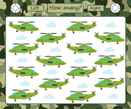 Educational game for kids. How much right and left. military transport. Helicopter. Teaching orientation in space and counting for preschool children. vector illustrationのイラスト素材