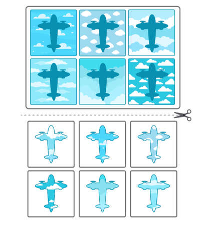 Educational game for kids. Find the right shadow. plane in the sky. Activity for preschool years kids and toddlers. Contour lotto for toddlersのイラスト素材