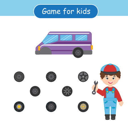 Education game for preschool children. Help mechanic find car wheel. Activity Worksheet vector design. Children funny education riddle entertainment and amuse menのイラスト素材