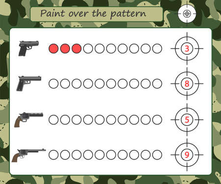 Educational military game for kids. Counting training. Hit the target and paint over the pattern. Activity for preschool years kids and toddlers. vector illustrationのイラスト素材