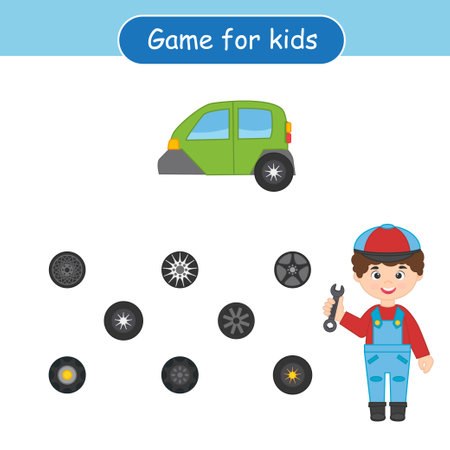 Education game for preschool children. Help mechanic find car wheel. Activity Worksheet vector design. Children funny education riddle entertainment and amusementのイラスト素材