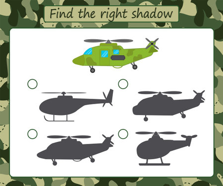 Educational game for kids. Find the right shadow. Military transport, helicopter. Activity for preschool years kids and toddlers. vector illustrationのイラスト素材
