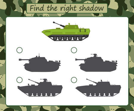 Educational game for kids. Find the right shadow. Military transport Tank. Activity for preschool years kids and toddlers. vector illustrationのイラスト素材