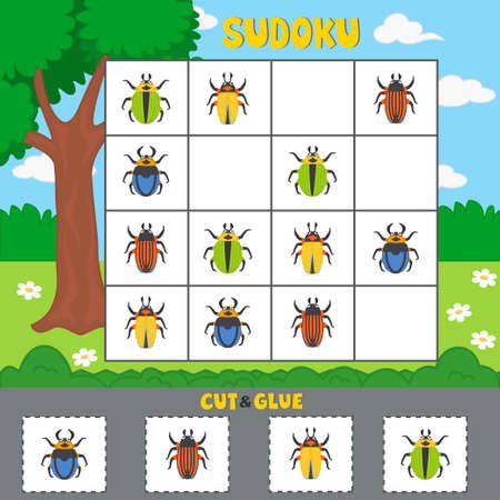 Educational logical game for children with funny insects. Sudoku. vector illustration. printable worksheet. Activity for preschool years kids and toddlersのイラスト素材