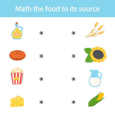 Matching children educational logical game. Math the food to its source. Activity for preschool years kids and toddlers. vector illustration.のイラスト素材