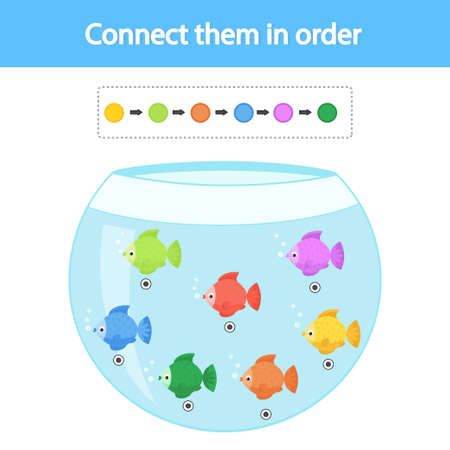 Educational game for preschool children. Connect with a line according to the color pattern. fish in the aquarium. The development of logic and attention. vector illustration. Sheet for printingのイラスト素材