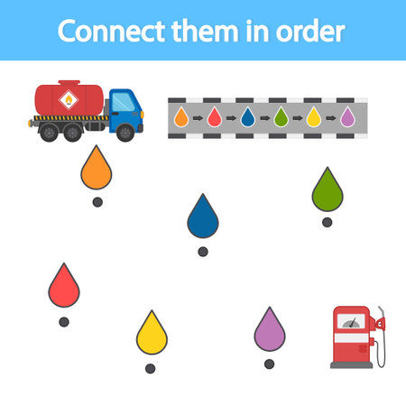 Educational game for preschool children. Connect with a line according to the color pattern. The truck is going to the gas station. development of logic. vector illustration. sheet for printing.のイラスト素材