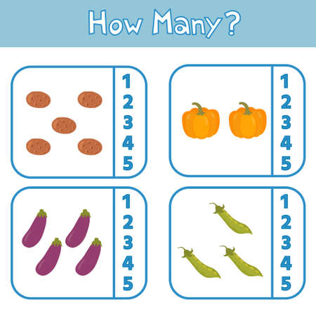 Educational game for preschool children. Learning to count up to 5. Vegetables. The development of logic and attention. vector illustration. Sheet for printingのイラスト素材