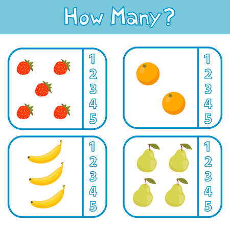 Educational game for preschool children. Learning to count up to 5. Fruits. The development of logic and attention. vector illustration. Sheet for printingのイラスト素材