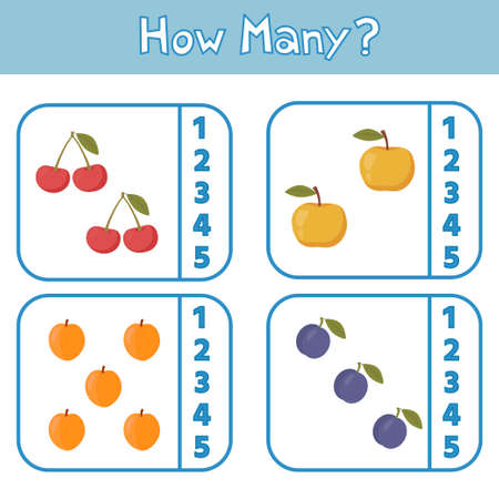 Educational game for preschool children. Learning to count up to 5. Fruits. The development of logic and attention. vector illustration. Sheet for printingのイラスト素材