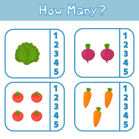 Educational game for preschool children. Learning to count up to 5. Vegetables. The development of logic and attention. vector illustration. Sheet for printingのイラスト素材
