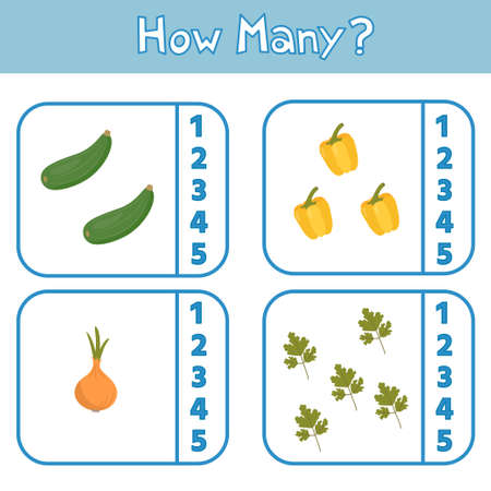 Educational game for preschool children. Learning to count up to 5. Vegetables. The development of logic and attention. vector illustration. Sheet for printingのイラスト素材