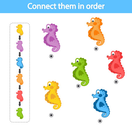 Educational game for preschool children. Connect by dots by color, according to the sample. sea horse. The development of logic and attention. vector illustration. printable sheetのイラスト素材