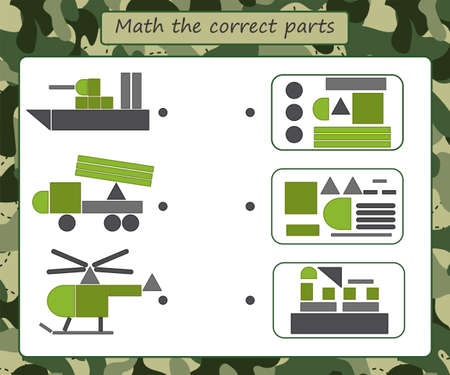 Educational game for kids. Find out what elements the picture consists of. Military transport, helicopter, car, ship. Activity for preschool years kids and toddlers. vector illustrationのイラスト素材
