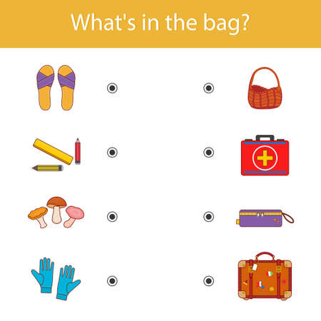 Game for kids. Find a match. What can you put in your bag. Suitcase, basket, pencil case. vector illustrationのイラスト素材