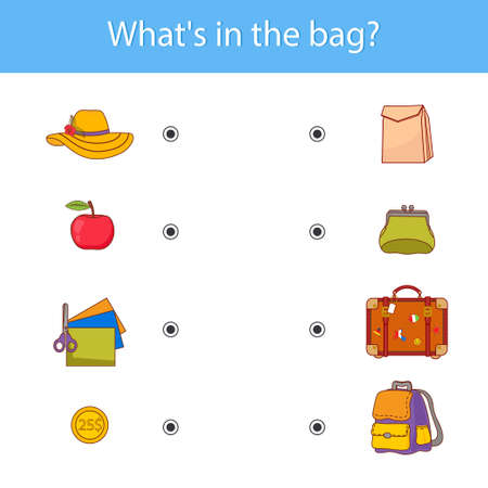Game for kids. Find a match. What can you put in your bag. Suitcase, wallet, briefcase. vector illustrationのイラスト素材
