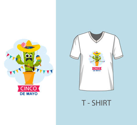 Emblem design with lettering, and cheerful green Mexican cactus wearing sombrero. Symbols of holiday Cinco de Mayo. isolated on white background. Vector illustration for T-shirtのイラスト素材
