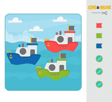 Game for kids. cut and paste. Flags on the ship by color. The development of logical thinking and the study of colors in preschool children. vector illustrationのイラスト素材