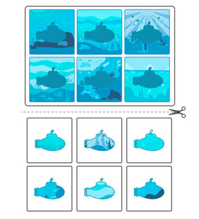 Game for kids. Find the correct shadow. education worksheet. Matching Puzzle for kids. submarine. marine theme. isolated vector illustrationのイラスト素材