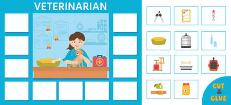 Educational game for kids. learning cards. Professions. Veterinarian. preschool worksheet activity. vector illustrationのイラスト素材