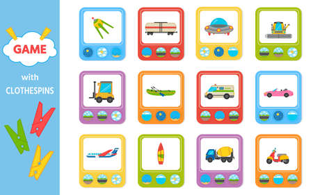 Educational game for kids with clothespins. Match the transport going, floating, flying. vector illustration. Activity for pre school years kids and toddlersのイラスト素材