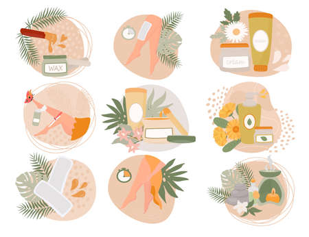 Set vector illustration for beauty industry and cosmetology, spa salon. Professional cosmetics treatment and wellness, body lotion, oil, Waxing cream, paste, depilatory cream.のイラスト素材