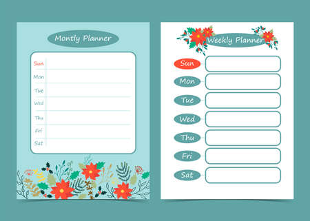 Collection of weekly or daily planner. vector illustration. To do list, planner, Scrap booking list, organizer template for print with Christmas flower poinsettia.のイラスト素材