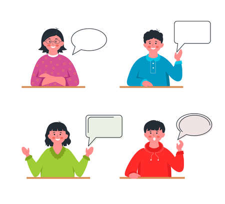 Vector illustration template for school, education projects. Children with speech bubbles and empty space for text for display conversation, discussion, talking, asking and answering questions, advising, helpingのイラスト素材