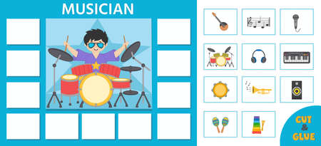 Educational game for kids. learning cards. Professions. Musician. musical instruments. preschool worksheet activity. vector illustrationのイラスト素材