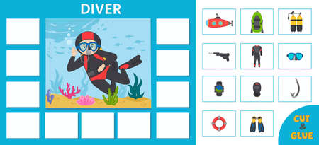 Education game for kids. learning cards. Professions. Choose the right items for the diver. printable worksheet activity. vector illustrationのイラスト素材