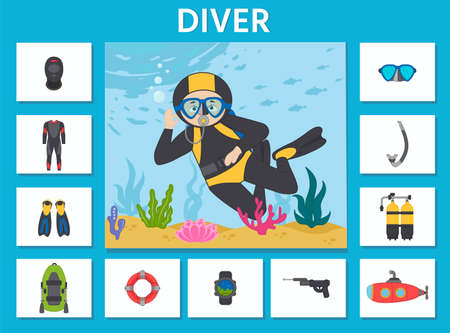 Education game for kids. learning cards. Professions. Choose the right items for the diver. printable worksheet activity. vector illustrationのイラスト素材