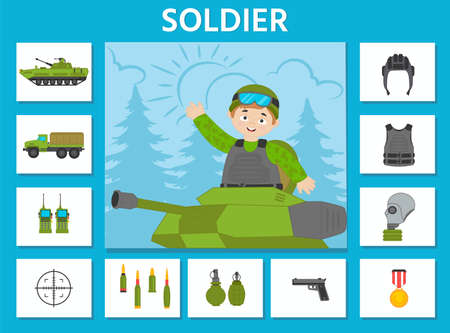 Educational game for kids. learning cards. Professions. military soldier and military equipment. preschool worksheet activity. vector illustrationのイラスト素材