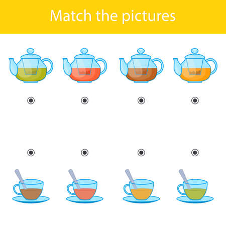 Educational puzzle for kids. Find a match in the pictures. vector illustration. Printed sheet with mugs and teapots with tea. Logic for children.のイラスト素材