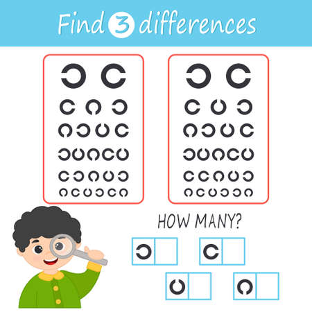 Game for children to develop mindfulness and learning to count. Eye examination by an ophthalmologist. Vector illustration. printed sheetのイラスト素材