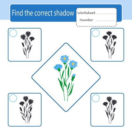 Game for kids. The development of logic and attention. Find the correct shadow. Cornflower. printable activity sheet. vector illustration.のイラスト素材
