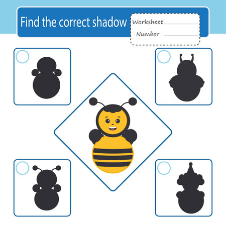 Game for the development of logic for children. Find the correct shadow. Cartoon vector illustration of a roly-poly beeのイラスト素材