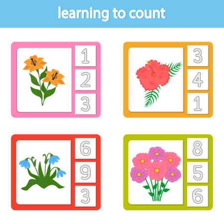 Cards for learning to count from 1 to 10. Flowers. A game for the development of intelligence and logic for preschool children. Vector illustration. printable sheetのイラスト素材