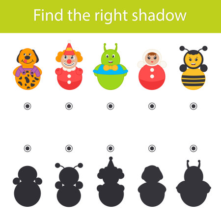 Game for the development of logic for children. Find the correct shadow. Cartoon vector illustration of a roly-polyのイラスト素材